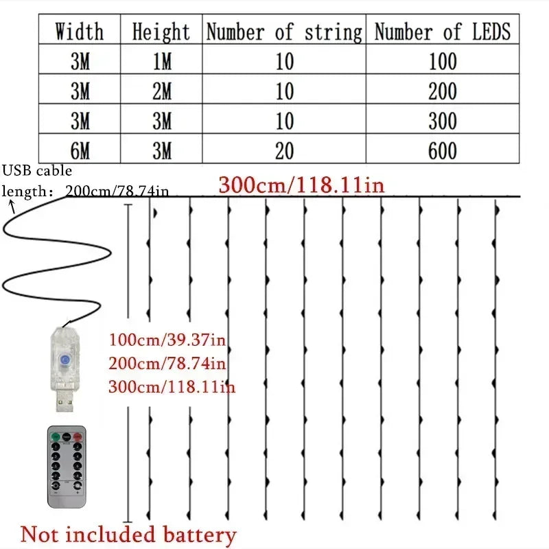 LED Curtain Fairy Lights with Remote, 8 Modes